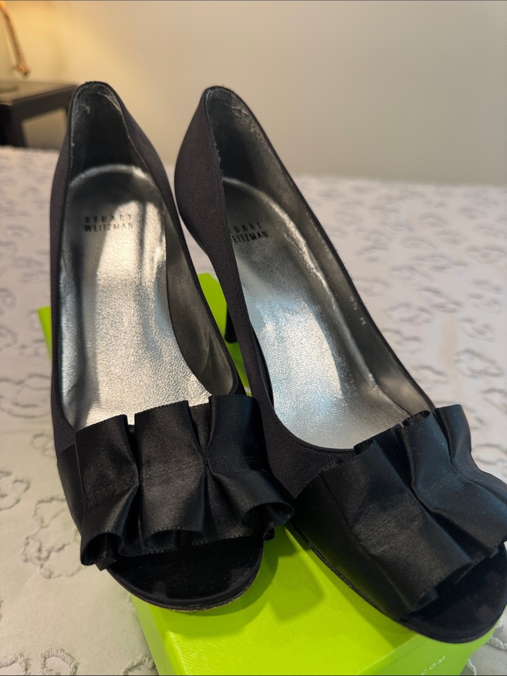 Stuart Weitzman Black Satin Peep-Toe Pumps with Ruffle Bow